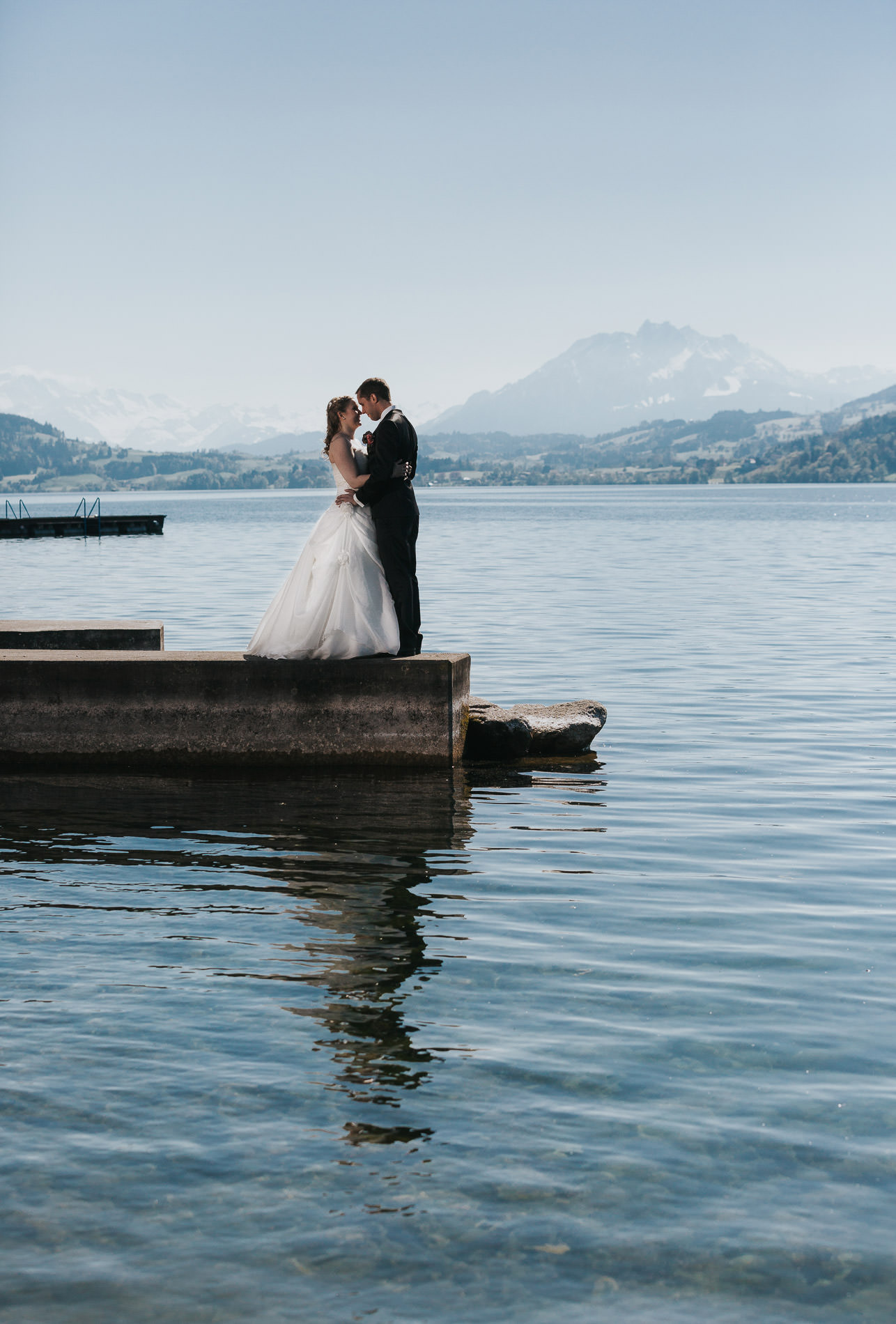 Getting married on Lake Zug in Zug with Pilatus in the background